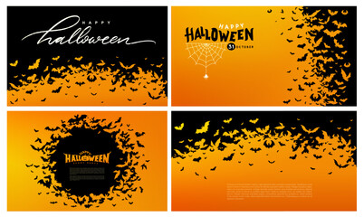 Halloween banner, poster with black bats on the orange background set. Template vector for text. Set of Halloween background with swarm of bats on orange sky. Pattern, background of halloween bat.