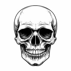 A detailed black and white illustration of a human skull with a closed mouth and eye sockets, drawn in a vintage style.