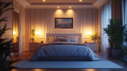 Modern bedroom with neon lighting accents framing a sophisticated and futuristic design theme
