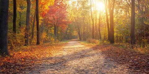 Obraz premium A scenic wooden path covered in vibrant autumn leaves, winding through a sunlit forest with golden and orange foliage, creating a peaceful fall atmosphere. 