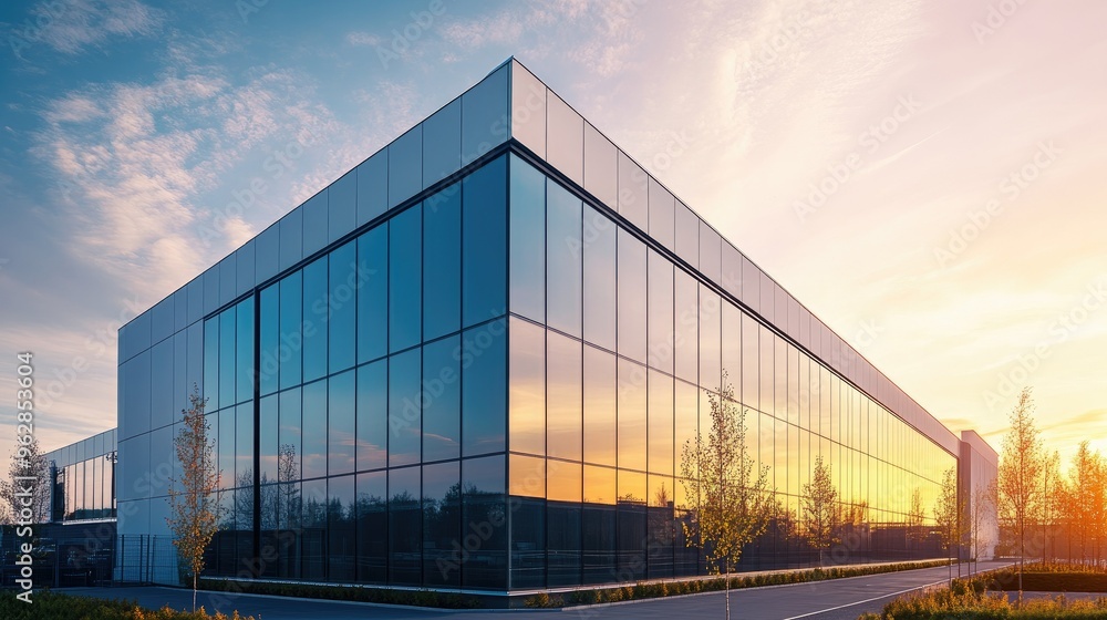 Poster high-tech data center building with secure perimeter fencing. -
