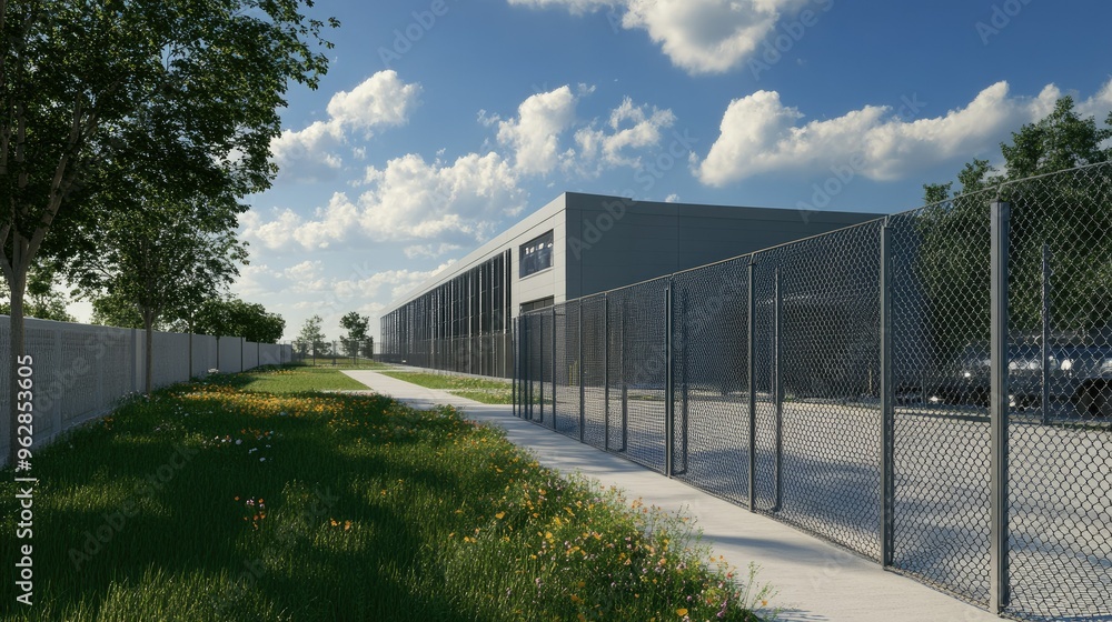 Poster high-tech data center building with secure perimeter fencing. -