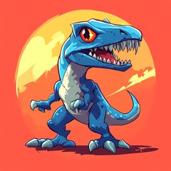 Obraz premium A blue cartoon dinosaur with sharp teeth and claws, standing in front of a sunset.