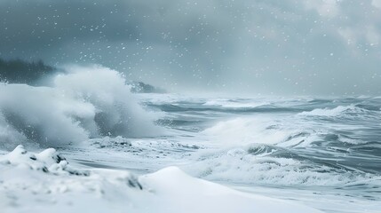 Stormy Sea Waves Crashing on a Snowy Shore