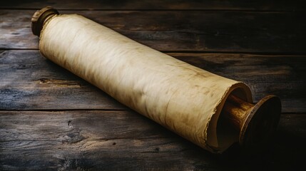 An ancient sacred scroll, unrolled on a wooden surface, revealing the revered words