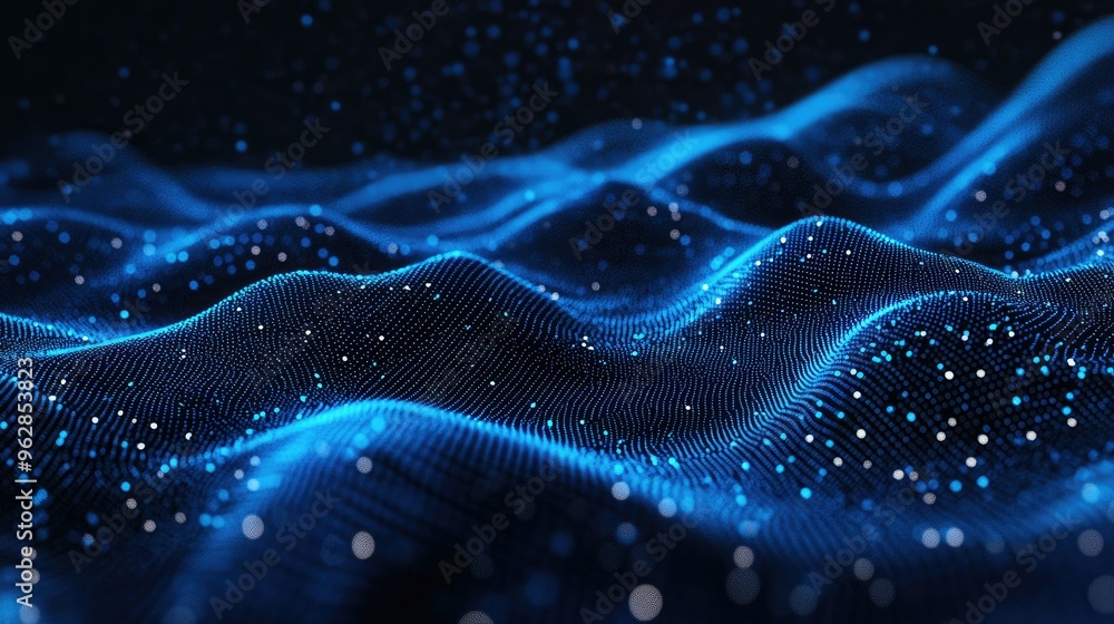 Poster Horizontal blue particle lines creating an undulating 3D effect on a black background, perfect for tech and digital communication visuals.