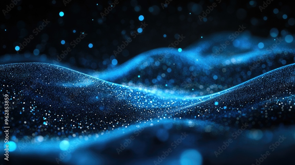 Leinwandbilder Horizontal blue particle lines creating an undulating 3D effect on a black background, perfect for tech and digital communication visuals.