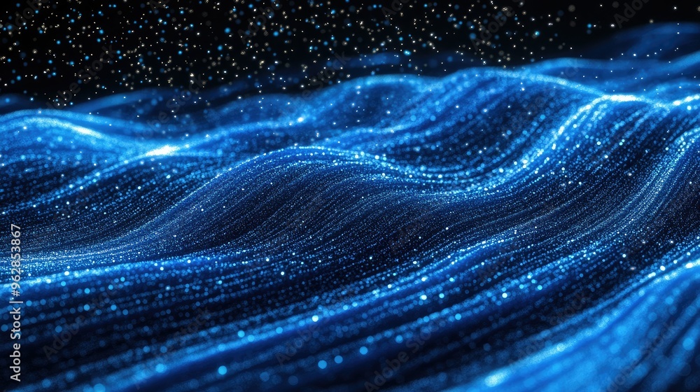 Leinwandbilder Horizontal blue particle lines creating an undulating 3D effect on a black background, perfect for tech and digital communication visuals.