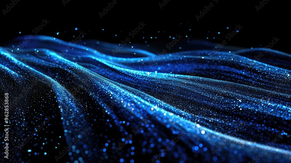 Leinwandbilder Horizontal blue particle lines creating an undulating 3D effect on a black background, perfect for tech and digital communication visuals.