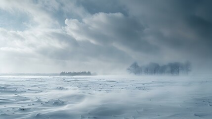 Obraz premium Winter Wonderland Snow Covered Field Under a Dramatic Sky