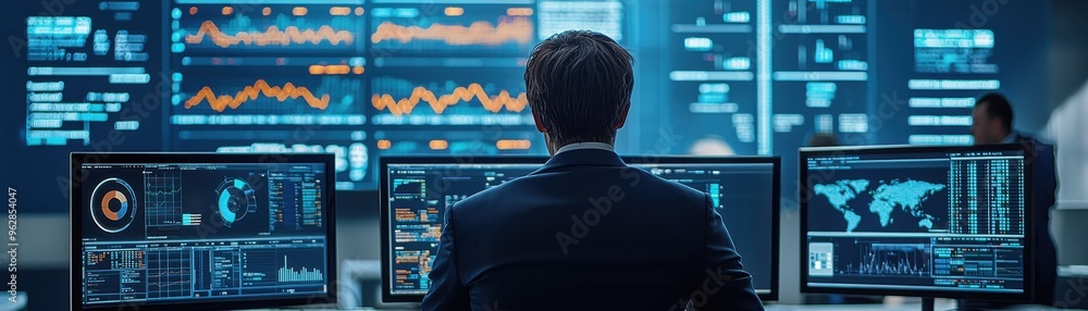 Aufkleber business professional analyzing data on multiple screens in a modern control room environment.