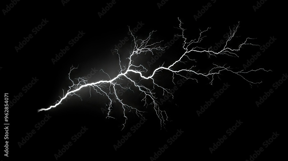 Poster isolated lightning bolt with branch-like tendrils, set against a solid black backdrop, emphasizing t