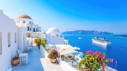 Serene Santorini Seascape: White Buildings and Cruise Ships on the Horizon