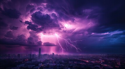 Intense lightning storm over the city bathed in purple light, with lightning bolts branching out and illuminating the urban landscape in a dramatic fashion.
