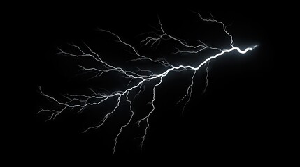 Isolated lightning bolt with intricate branch-like extensions against a black background, illustrating the fierce energy of a thunderstorm.
