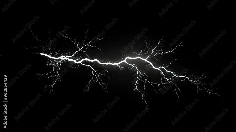 Poster lightning bolt with detailed branching structure, isolated on a pitch-black background, emphasizing 