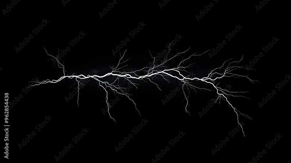 Poster lightning bolt with detailed branching structure, isolated on a pitch-black background, emphasizing 