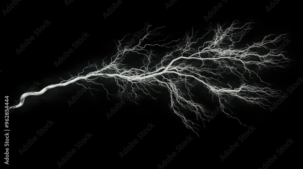 Poster lightning bolt with detailed branching structure, isolated on a pitch-black background, emphasizing 