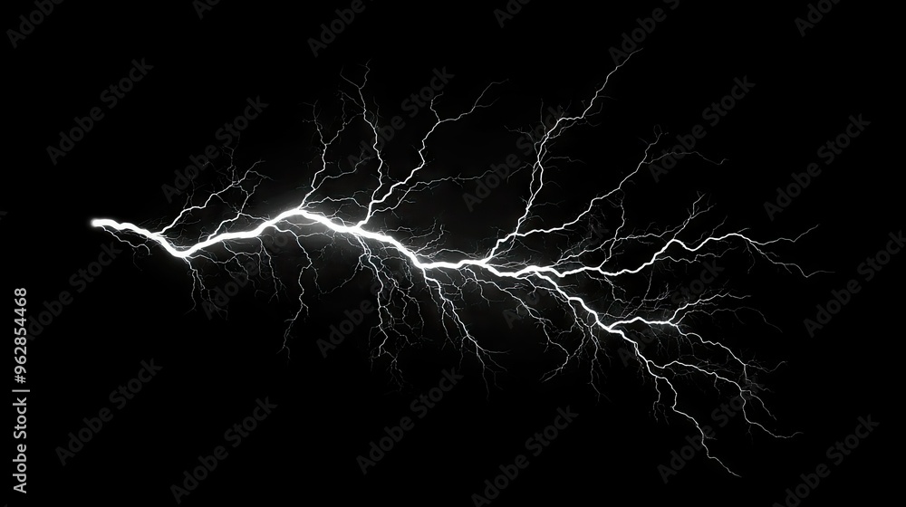 Aufkleber lightning bolt with extensive branching, isolated on a solid black background, highlighting the intr