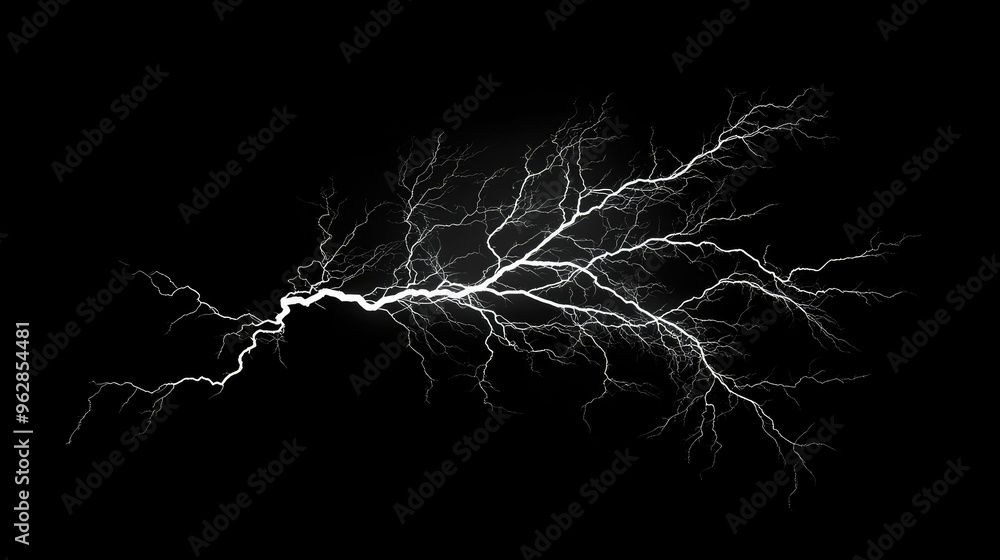 Poster lightning bolt with extensive branching, isolated on a solid black background, highlighting the intr