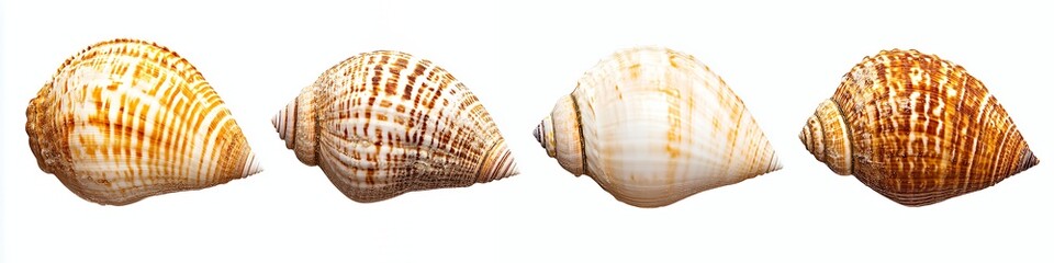 Obraz premium Four seashells with various angles, isolated on white background.