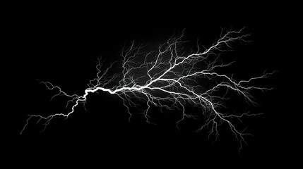 Lightning bolt with extensive branching, isolated on a solid black background, highlighting the intricate details and power of a lightning strike