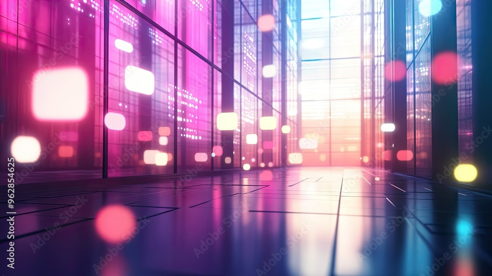 Poster luminous chat bubbles floating in a spacious, modern room, casting reflections and creating a futuri