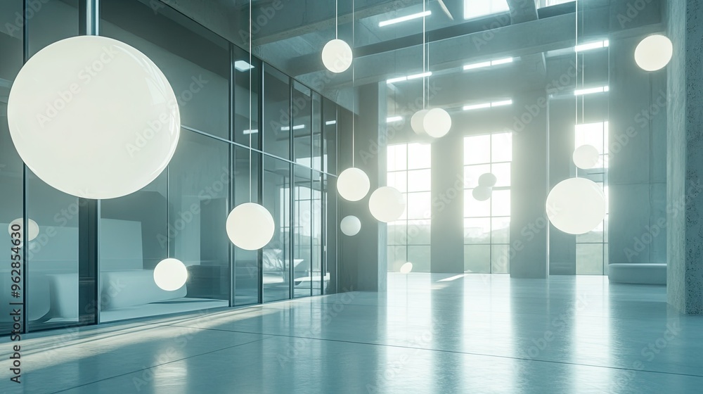 Poster luminous chat bubbles floating in a spacious, modern room, casting reflections and creating a futuri