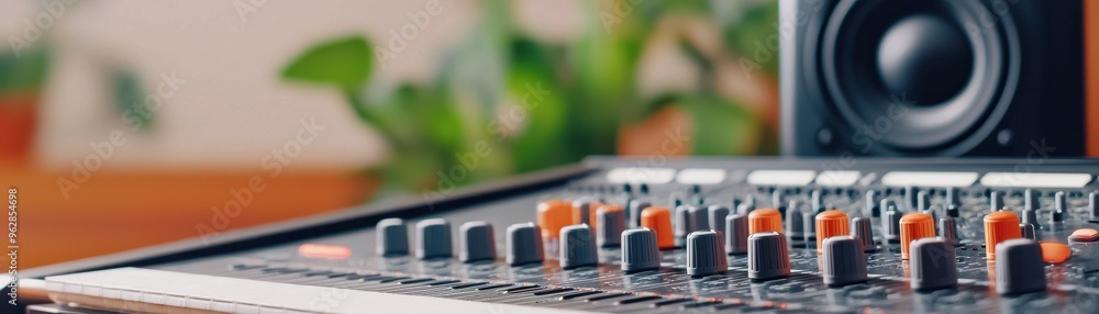 Poster professional audio mixer and speaker, showcasing intricate controls and design in a vibrant workspac