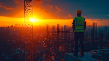 Fototapeta premium A construction worker stands on a building under construction at sunset, looking out over the city skyline.