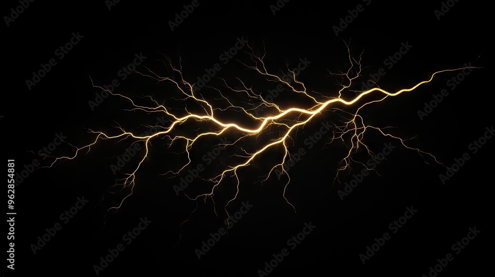 Poster massive lightning bolt with intricate branches lighting up the dark sky, isolated on a black backgro