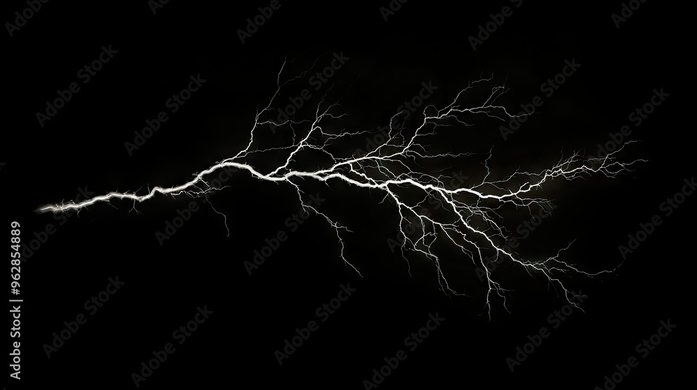 Poster massive lightning bolt with intricate branches lighting up the dark sky, isolated on a black backgro