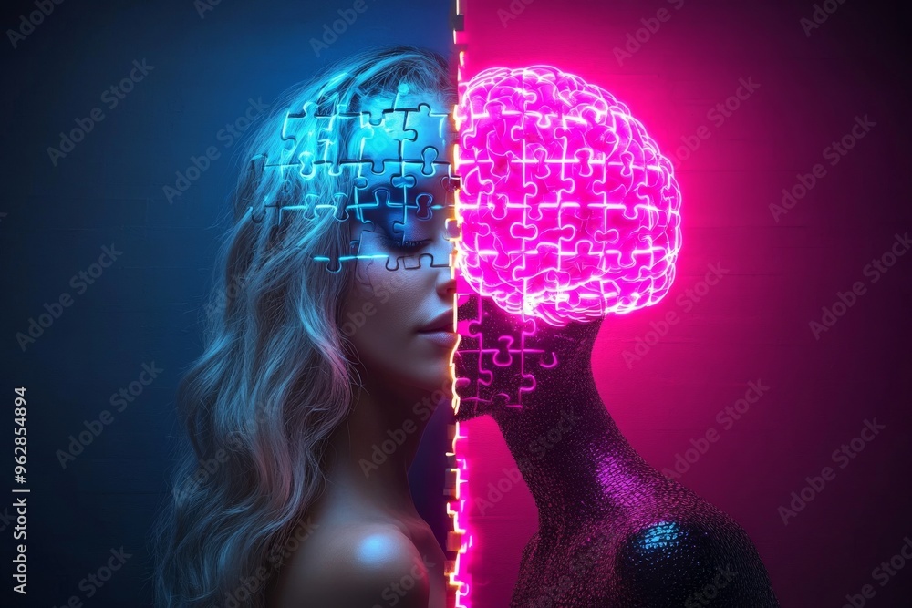 Poster brain energy optimization neurocircuitry neon lit portrait of a woman with glitch patterns and glowi