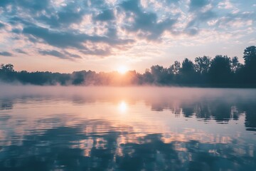 Fototapeta premium Sun rising over a misty lake with colorful sky reflecting in water