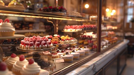 A Showcase of Delectable Pastries and Cakes in a Bakery