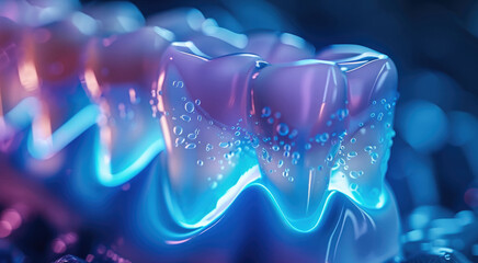 The entire tooth is illuminated with blue light. The teeth are white, the gums are pale pink, blue light shines on the teeth, reactive oxygen molecules penetrate into the enamel. Generative AI.
