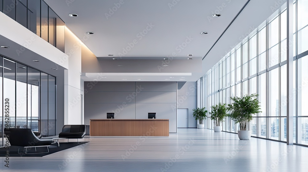 Poster modern commercial building with a minimalist design, featuring sharp lines and open spaces.