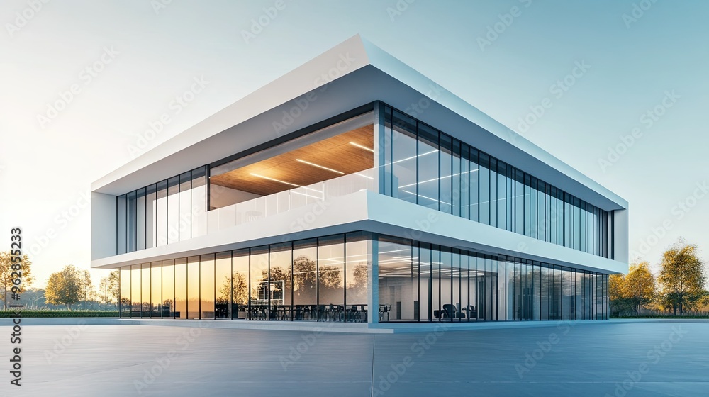 Poster modern commercial building with a minimalist design, featuring sharp lines and open spaces.