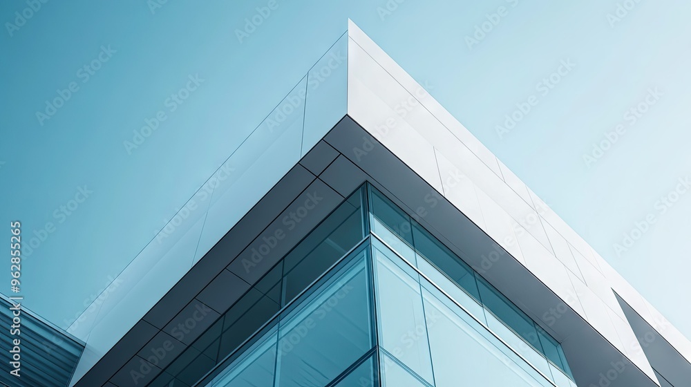Poster modern commercial building with a minimalist design, featuring sharp lines and open spaces.