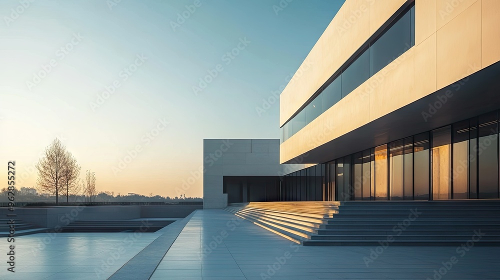 Poster modern commercial building with a minimalist design, featuring sharp lines and open spaces.