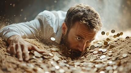 Man desperately reaching for coins in a pile of money.