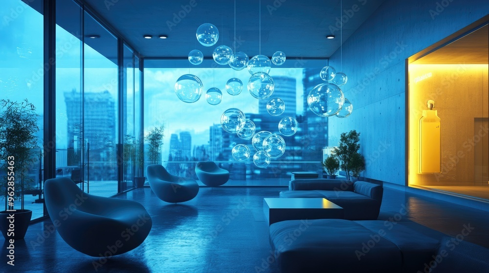 Aufkleber modern room with a group of glossy, floating chat bubbles, reflecting a cutting-edge approach to dig