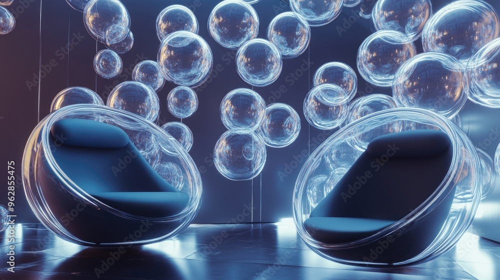 Poster modern room with a group of glossy, floating chat bubbles, reflecting a cutting-edge approach to dig