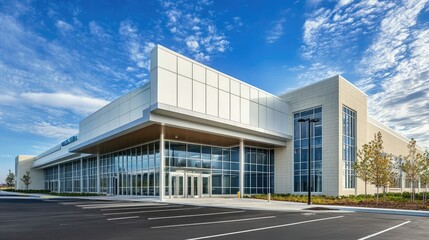 Obraz premium Modern healthcare facility with a clean, bright facade and ample parking.