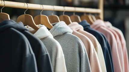 Obraz premium Hoodies of different colors and styles on clothes rack hangers in a modern clothing store or outdoor market, close-up