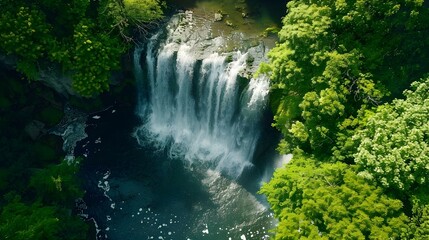 Naklejka premium Aerial View of a Waterfall Surrounded by Lush Greenery