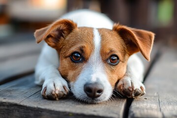 Cute jack russell terrier puppy relaxing on wooden floor