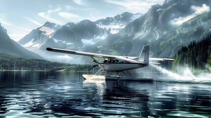 Seaplane Landing on Mountain Lake Aerial View of Alpine Scenery