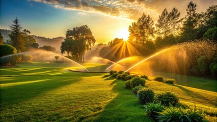 refreshing morning serrated hose spray revitalizes emerald sod landscape amidst lush greenery serene natural ambiance soft warm golden light subtle misty atmosphere