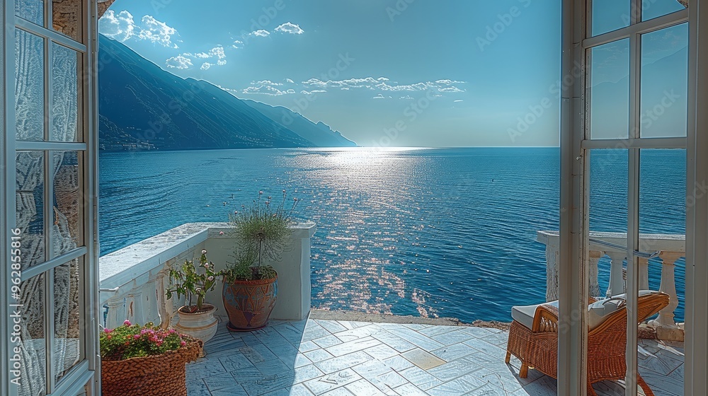 Poster balcony with sea view. generative ai.